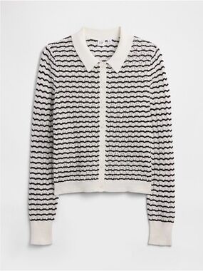 GAP Black & White Textured open stitch collard Cardigan pointelle preppy Sweater